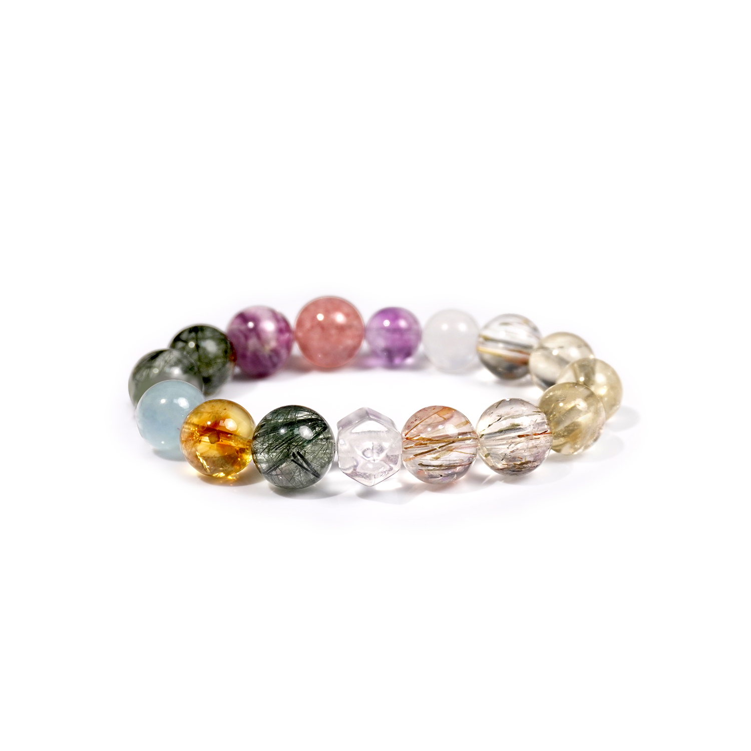 Multi-treasure crystal bracelet (Strawberry crystal + Purple lithium mica + Green hair Crystal + aquamarine + Yellow Tower Crystal + White Crystal + Black Gold Super + Yellow Crystal + Blue Moonlight + Purple Jade)
