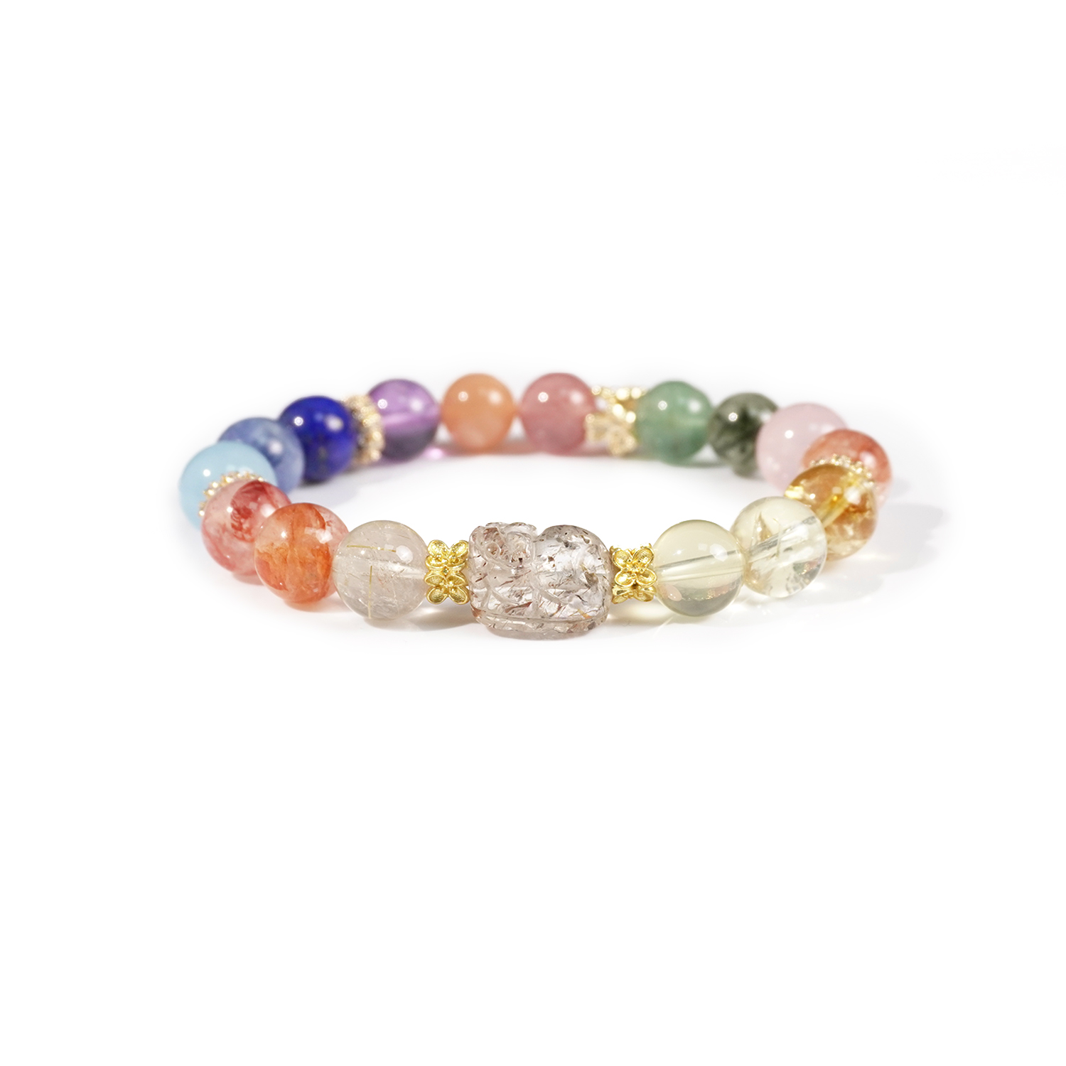 Green strawberry crystal + green hair crystal + rose crystal + red gum flower + yellow tower crystal + yellow quartz + Lemon crystal + Black gold super + gold hair crystal + aquamarine + kyanite + Amethyst bracelet