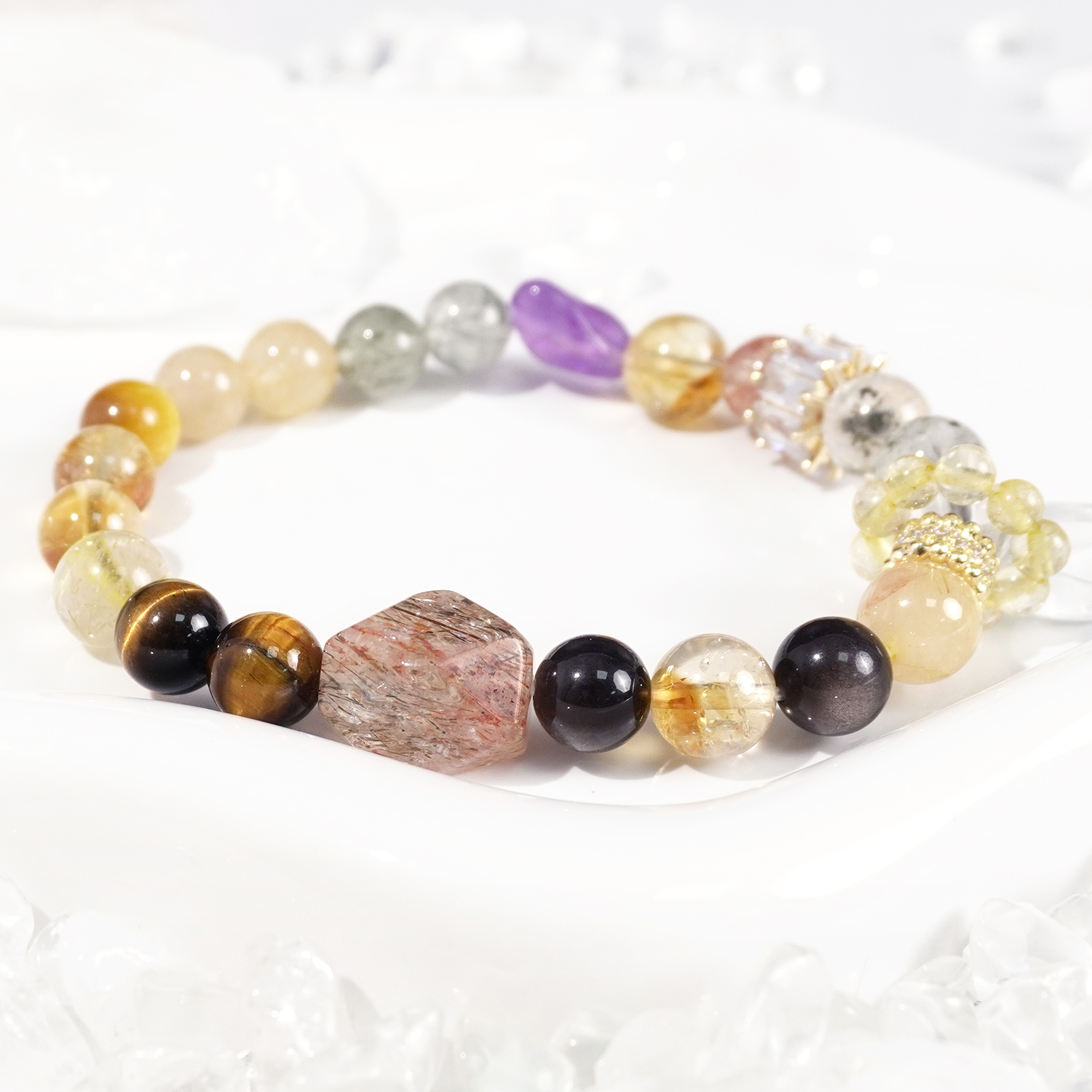 Amethyst + green hair crystal + yellow hair crystal + golden tiger's eye + yellow tower crystal + yellow tiger's eye + Black gold Super Seven + silver obsidian + white crystal + green ghost bracelet