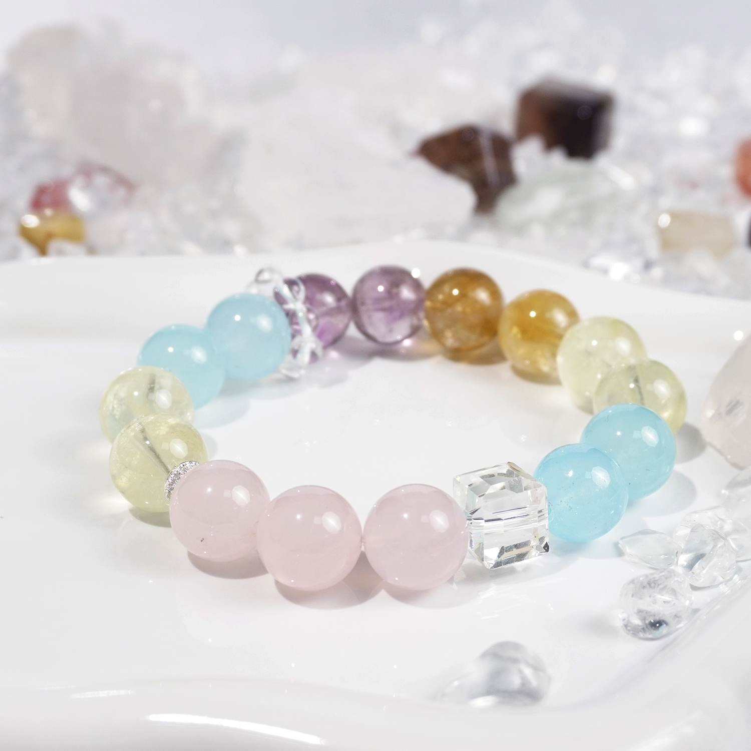 Lemon crystal + aquamarine + amethyst + white crystal + rose quartz bracelet