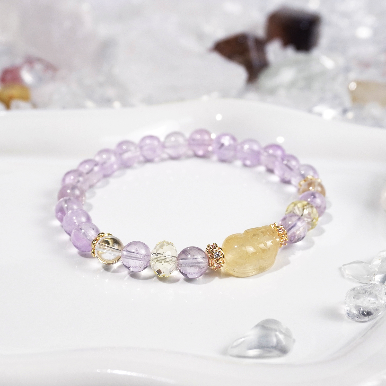 Yellow crystal PI Xiu + Purple Asai bracelet
