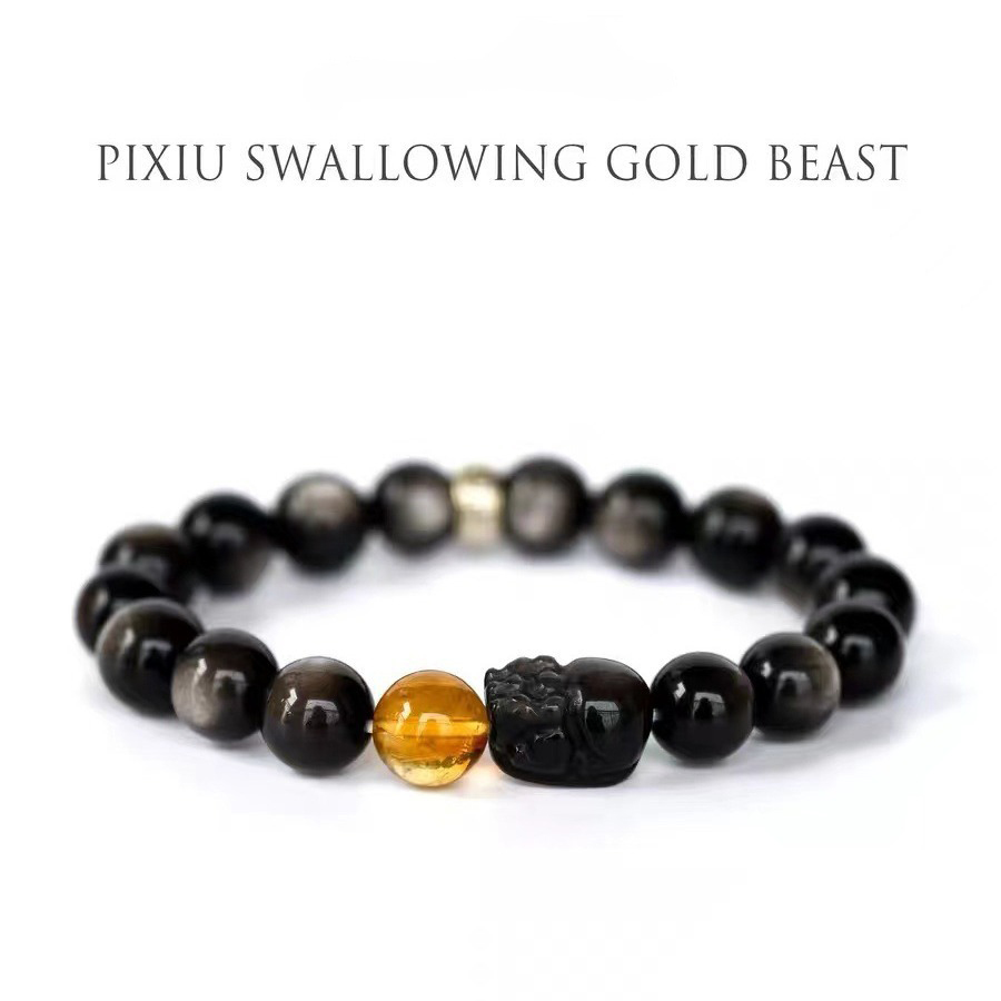 High-end men's bracelet - PI Xiu silver Obsidian + natural yellow quartz
