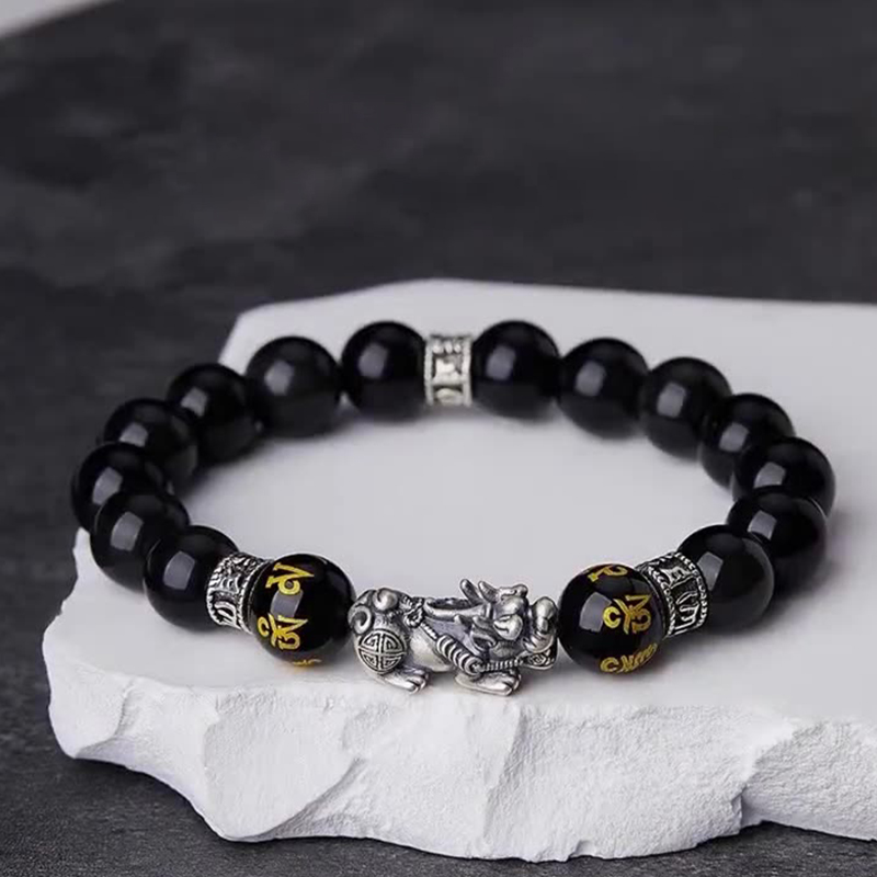 High-end men's bracelet - PI Xiu pure silver + Obsidian