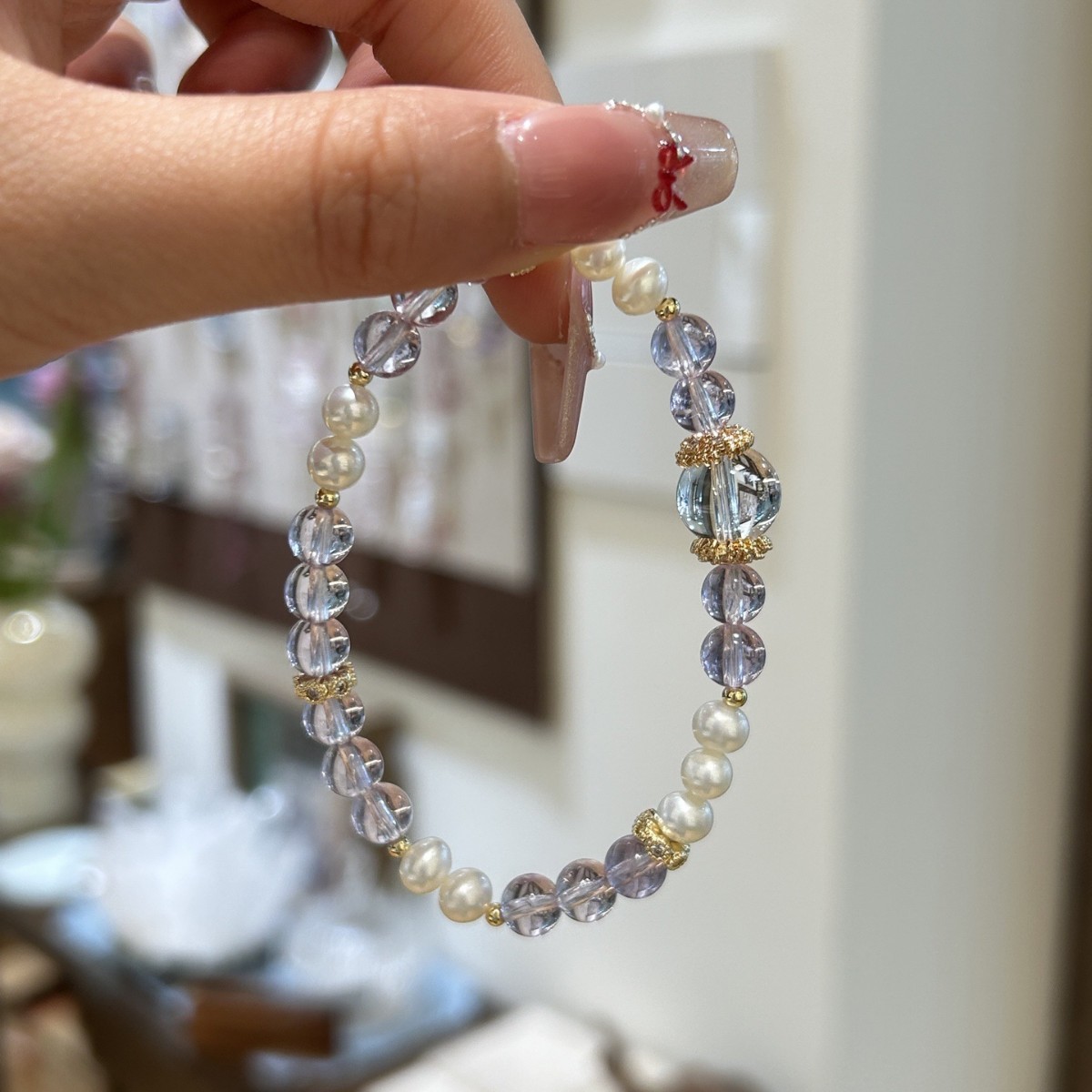 Natural amethyst + white crystal + pearl bracelet