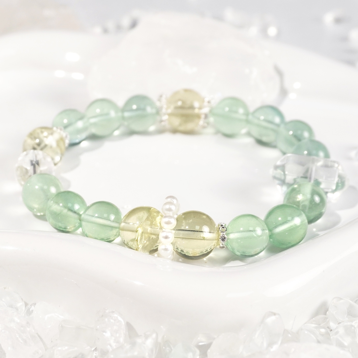 Green fluorite + white crystal + lemon yellow crystal bracelet