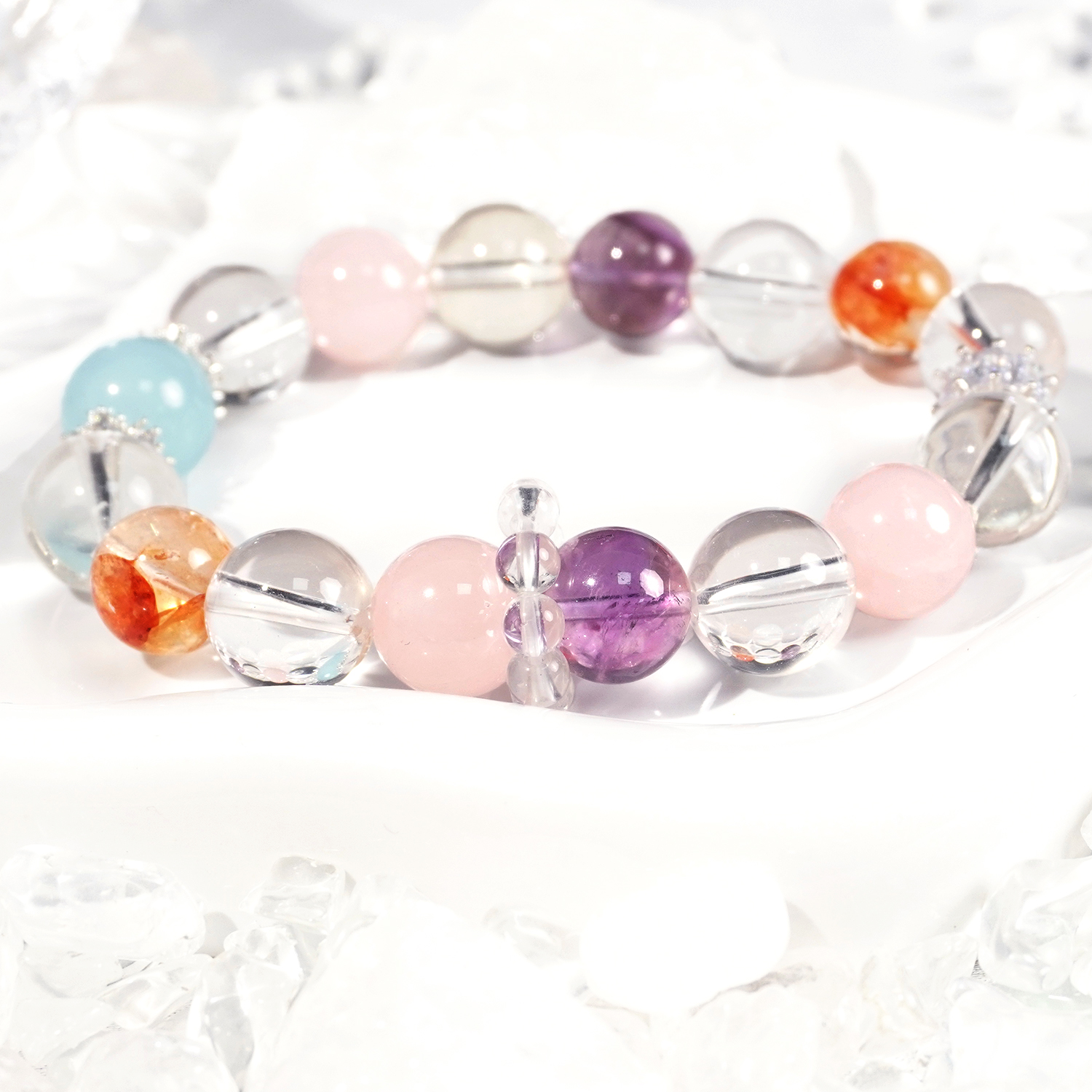 Rose quartz + aquamarine + amethyst + white quartz + red gum flower bracelet