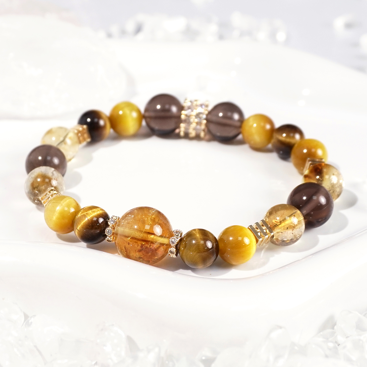Yellow quartz + lightning-patterned tiger's eye + golden tiger's eye + yellow tower crystal + obsidian bracelet