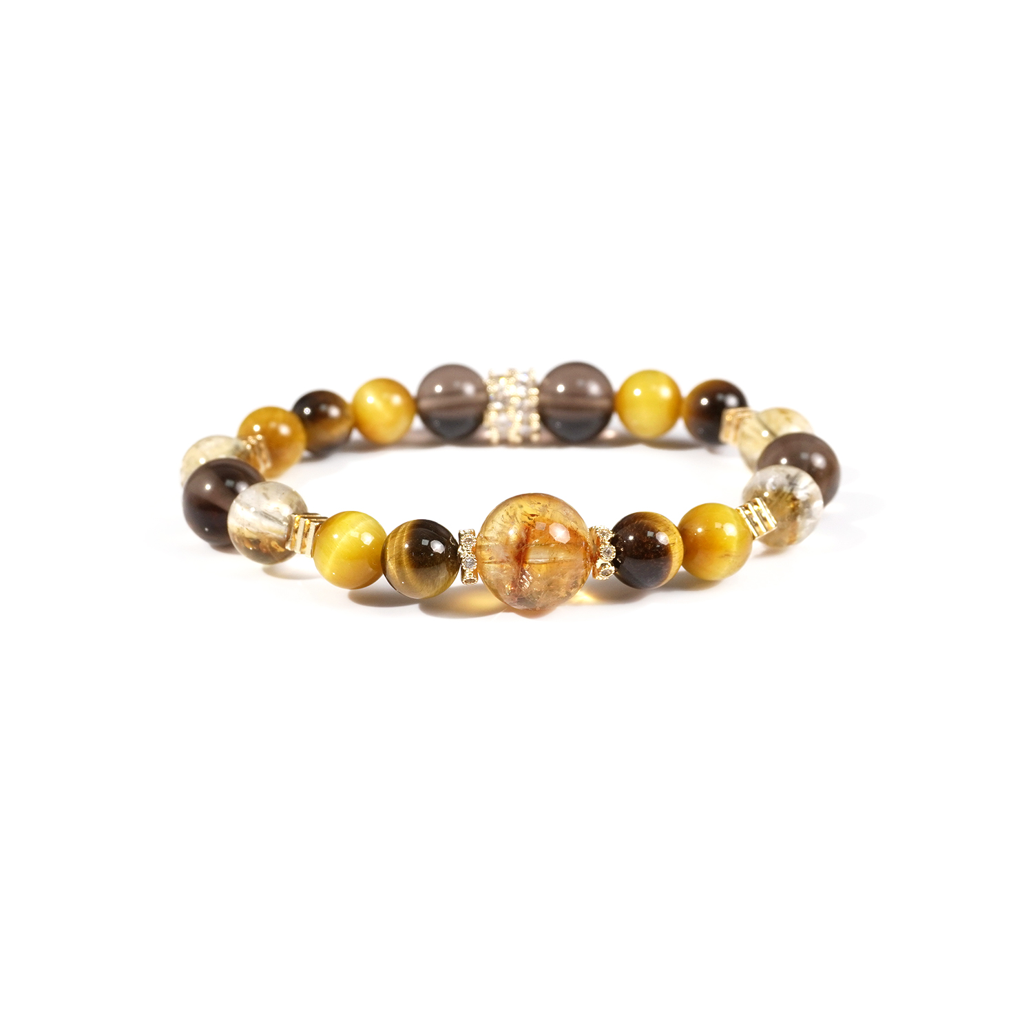 Yellow quartz + lightning-patterned tiger's eye + golden tiger's eye + yellow tower crystal + obsidian bracelet