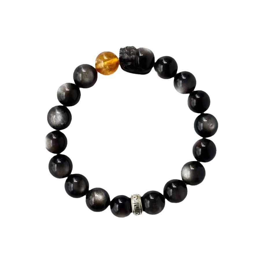 High-end men's bracelet - PI Xiu silver Obsidian + natural yellow quartz