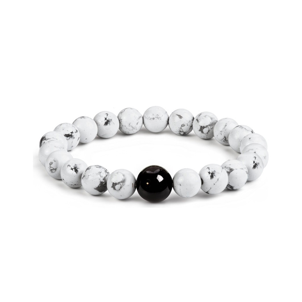 High-end men's bracelet - natural silver obsidian + white turquoise