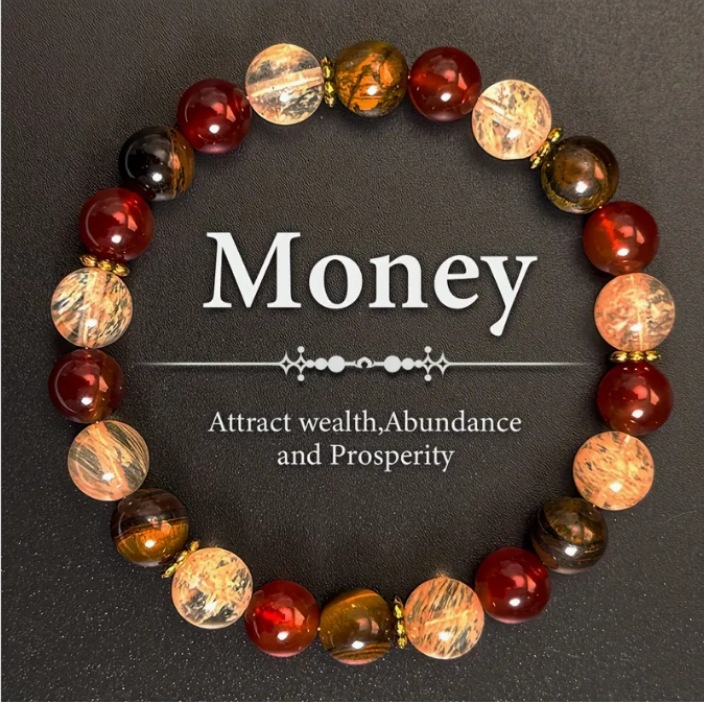 White crystal, red agate and tiger's eye stone wealth-attracting bracelet