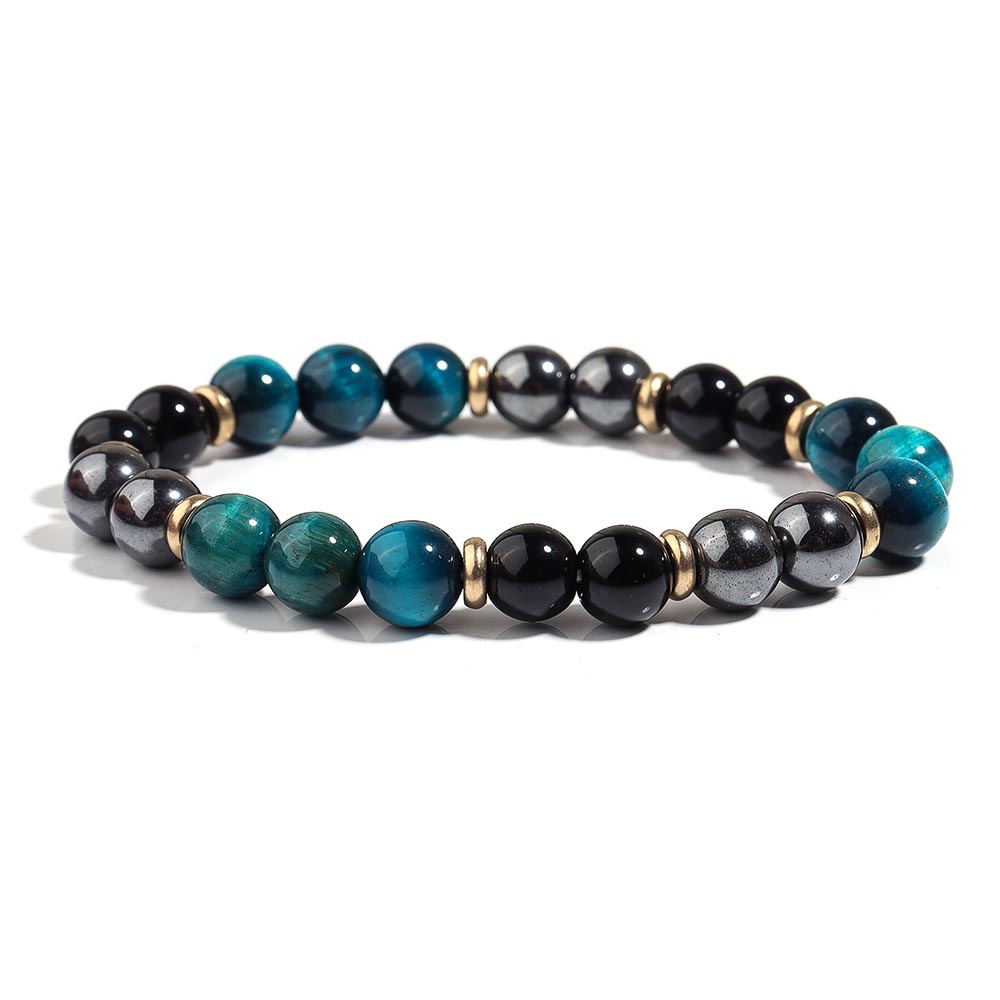 Men's natural stone blue tiger's eye beaded bracelet